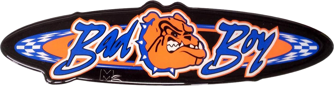 A blue and orange logo with a cartoon dog on it.