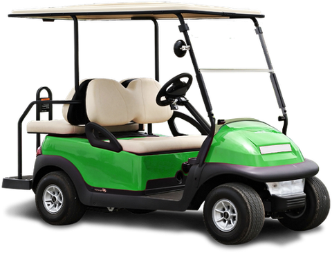 A green and gray lawn mower on a white background.