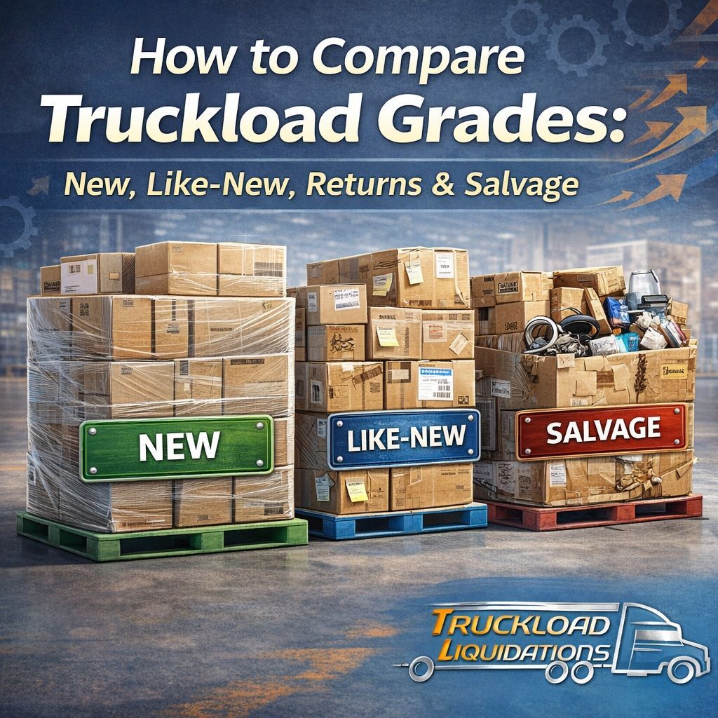 Alan C. explaining truckload grades: New, Like-New, Returns, and Salvage pallets, Side-by-side.