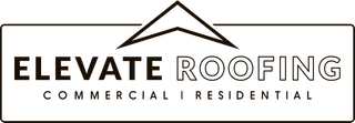 A black and white logo for elevate roofing commercial and residential.