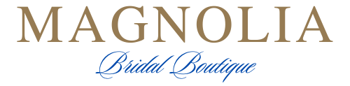 Magnolia Bridal Boutique logo in gold and blue script on a white background