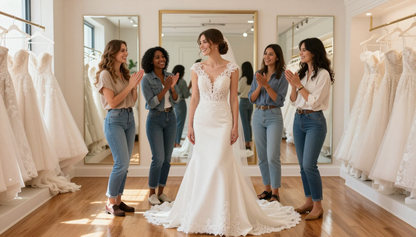 Bride in white gown stands with four bridesmaids in denim jeans inside a bridal boutique.