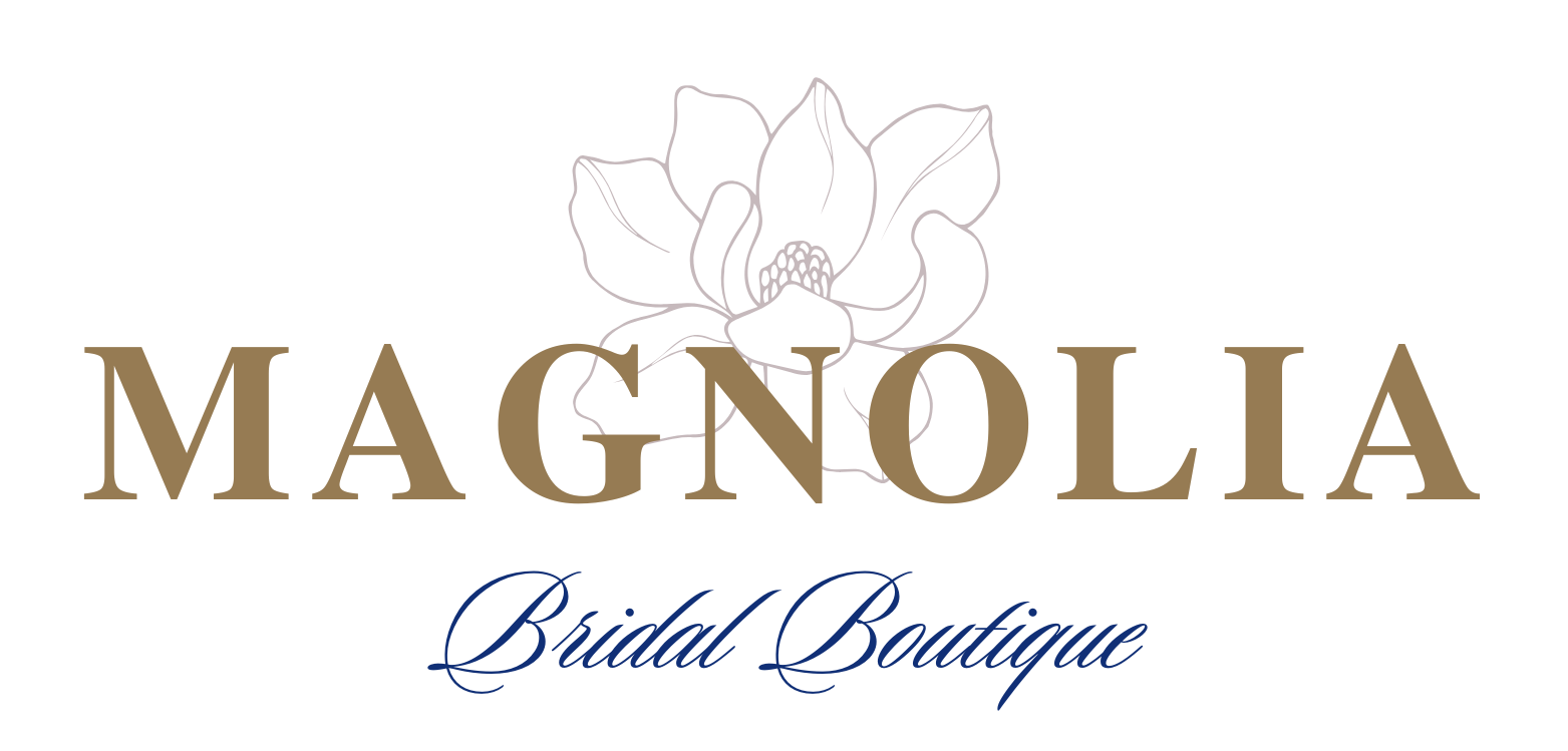Magnolia Bridal Boutique logo with beige text and a delicate floral outline on white background