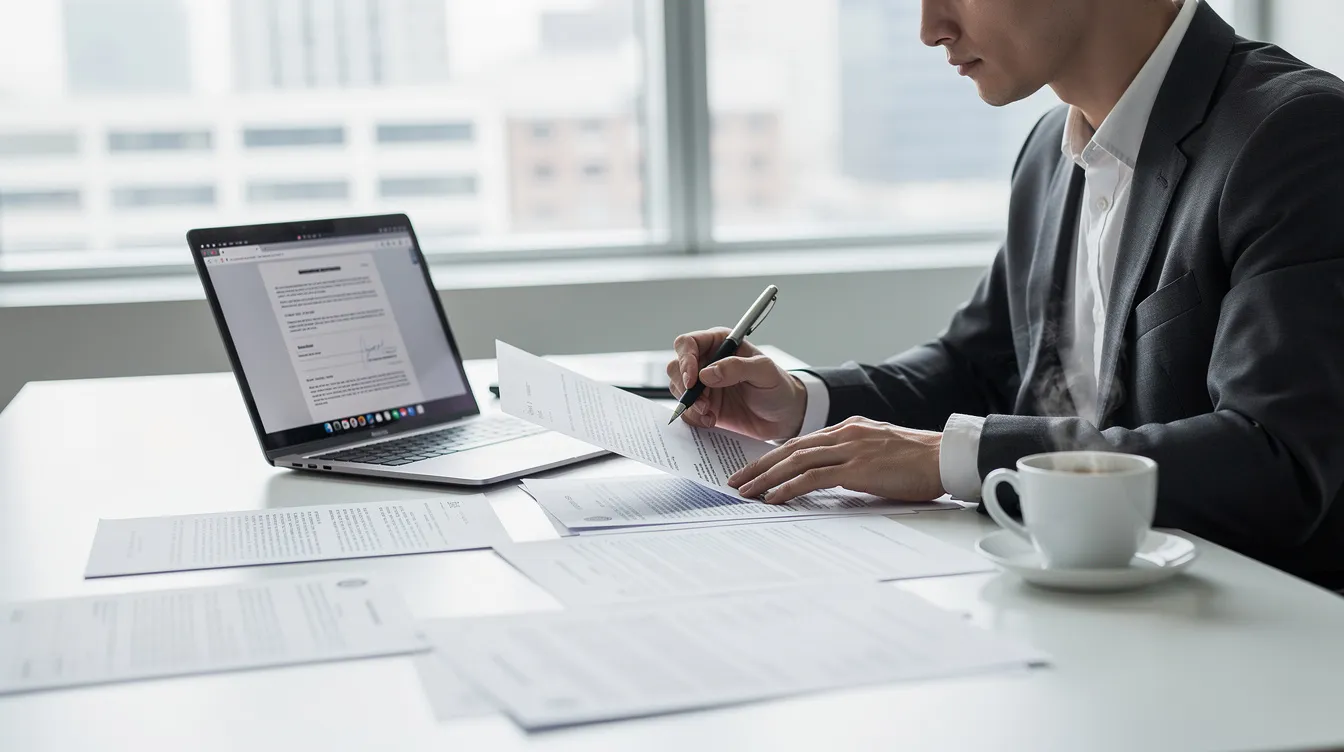 Person taking notes beside a laptop and coffee cup at a bright office desk