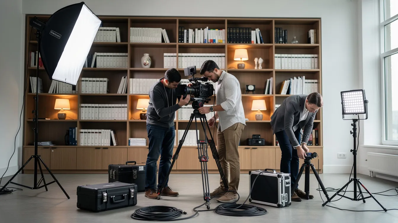 Film crew setting up cameras and lighting in a library-like room with bookshelves.