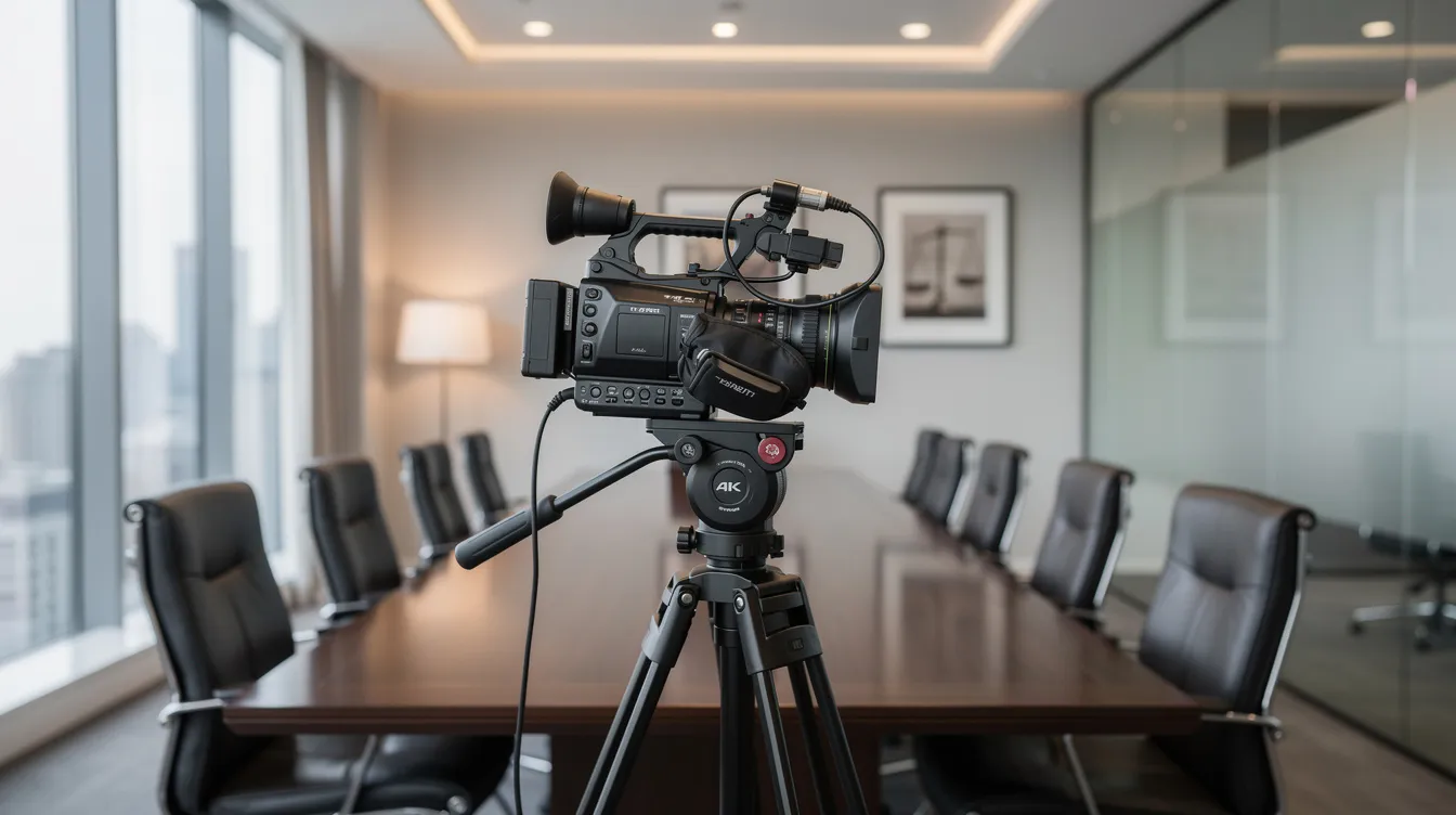 Video camera on tripod in a modern conference room with a long table and office chairs