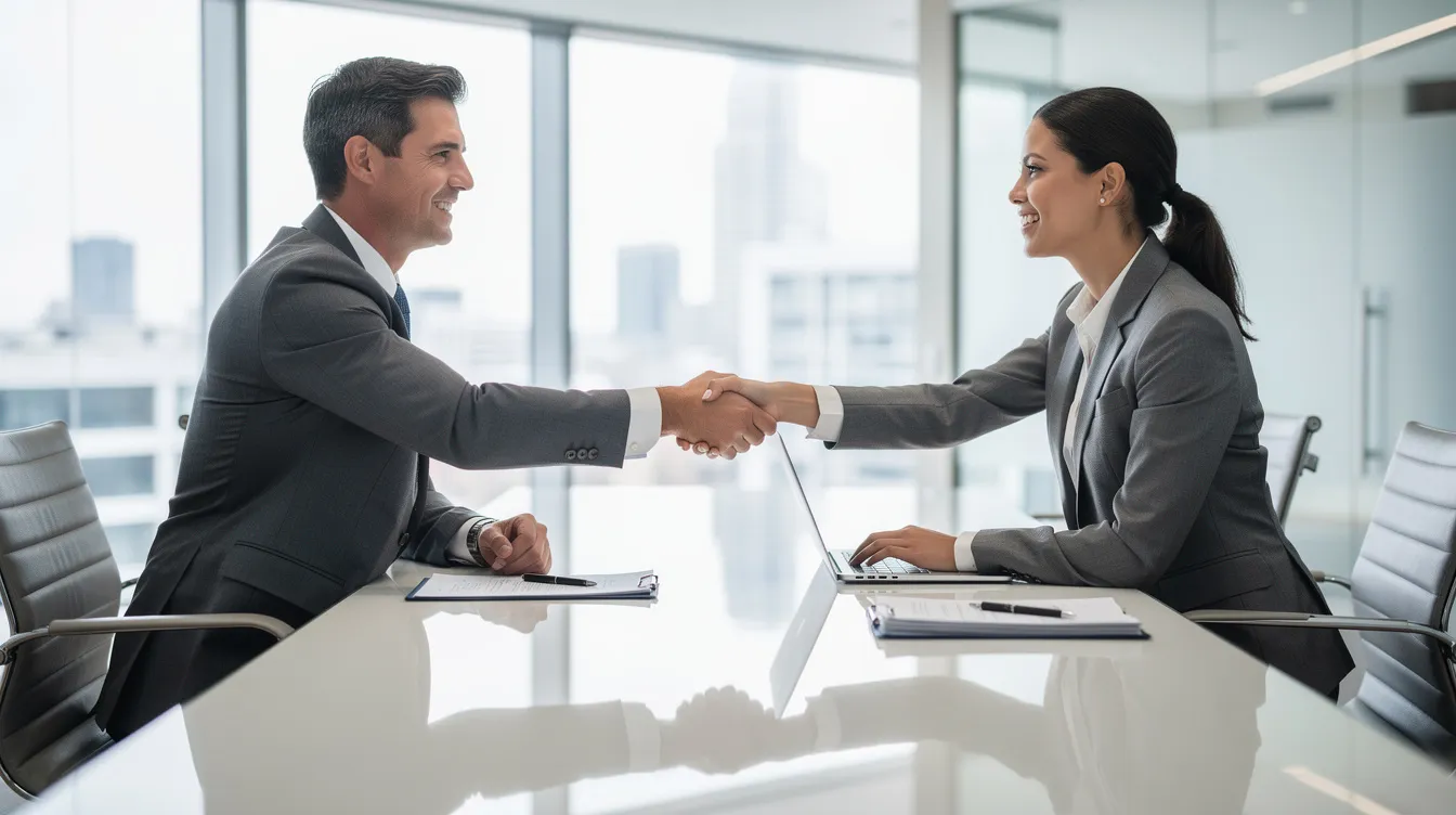 Two business professionals shaking hands across a conference table in a modern office