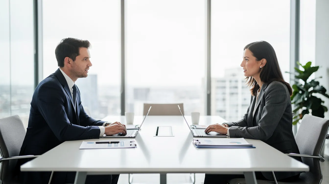 Two people in business attire meeting across a conference table in a bright office.