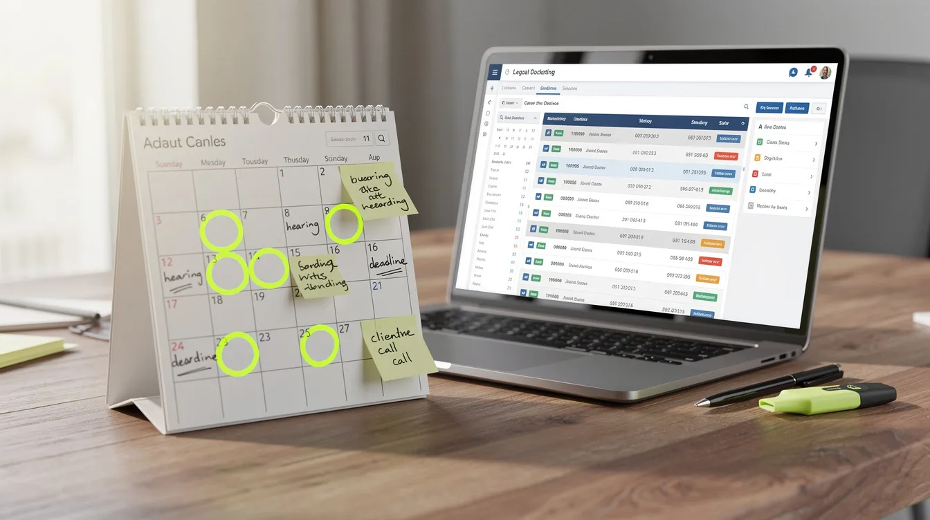 Desk with laptop showing a task dashboard and a standing calendar covered in yellow sticky notes