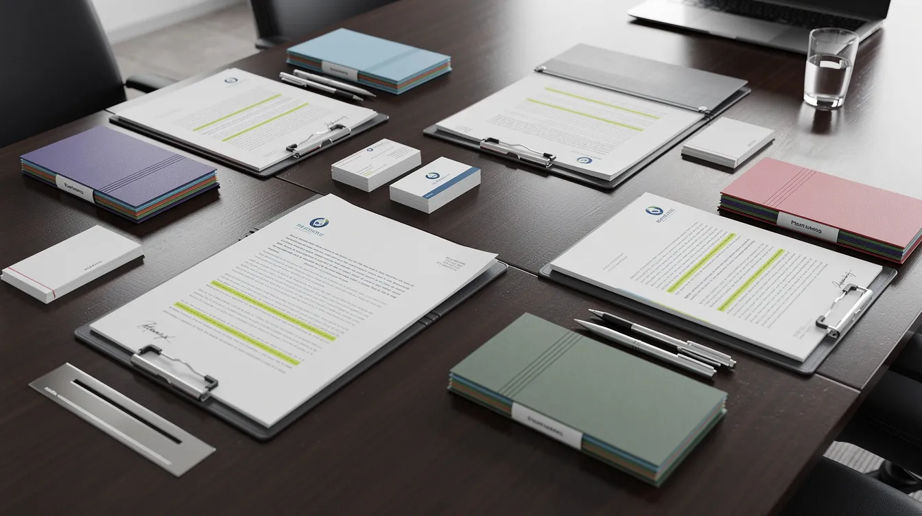 Printed worksheets and colored notebooks arranged neatly on a dark conference table