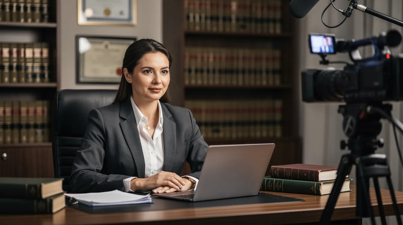 Professional woman speaking at a desk in a library, with a laptop and video camera recording.