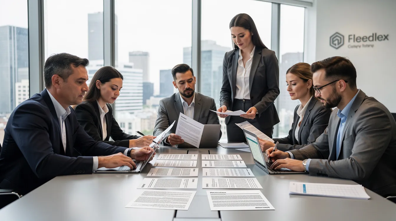 Business team in a bright conference room reviewing documents around a table with a laptop and charts