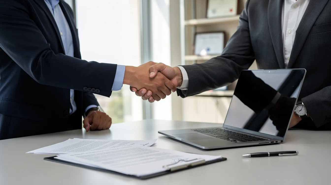 Two businesspeople shaking hands across a desk with a laptop and documents in a bright office.