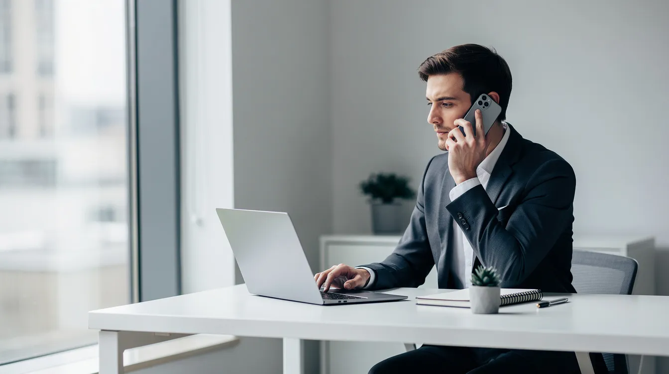 Businessman on the phone at a desk with a laptop in a bright office
