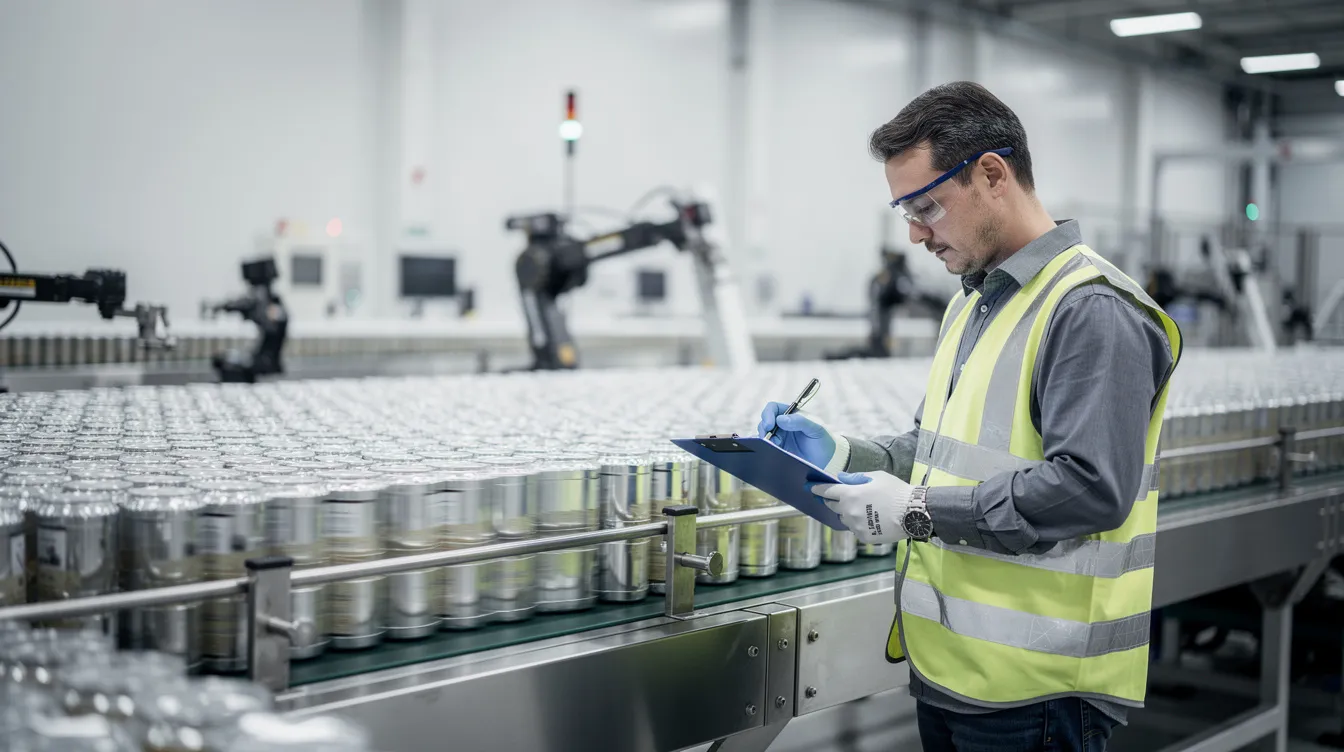 Worker in a yellow safety vest inspecting products on a factory assembly line with a clipboard