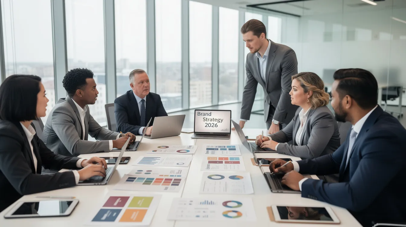 Business meeting around a conference table with charts and a laptop in a bright office