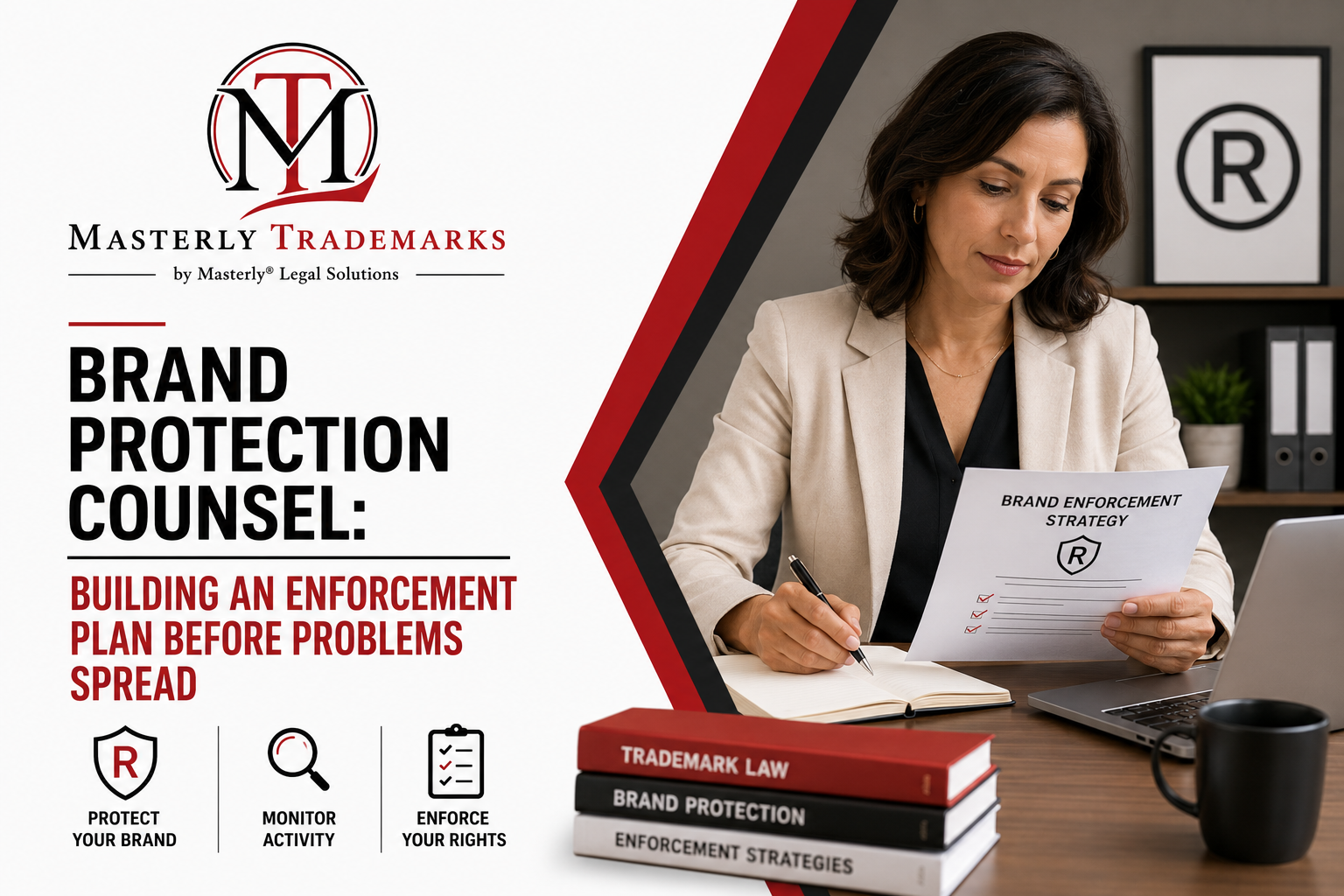 Brand protection lawyer reviewing trademark enforcement strategy