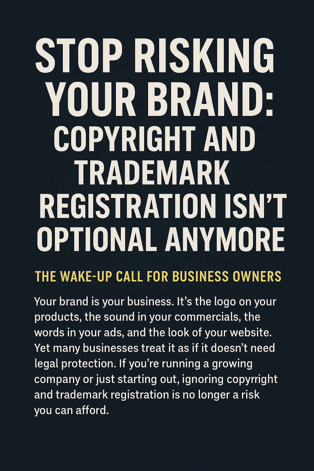 A bold digital poster with a dark navy background and white uppercase text that reads, 