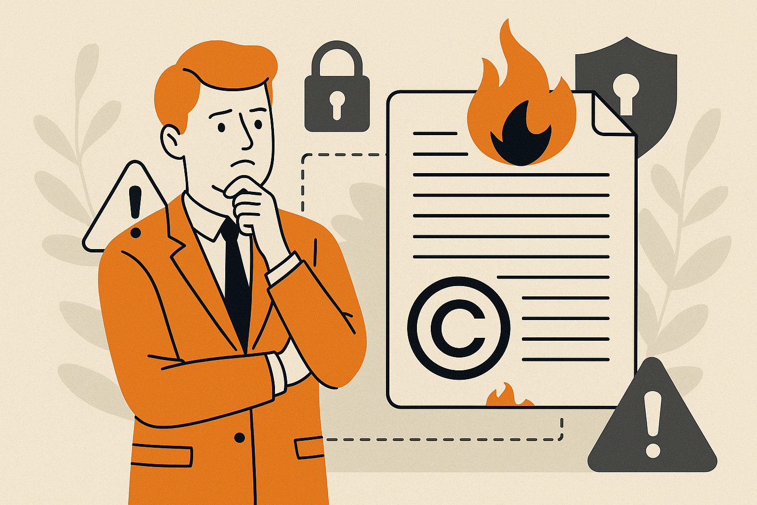 A flat-style digital illustration showing a concerned man in an orange suit contemplating copyright protection. Beside him, a copyright document is depicted burning at the corners with flames, displaying a bold copyright symbol. Surrounding the scene are icons of padlocks, shields, and warning triangles, all set against a soft beige background with abstract foliage. The image visually represents the vulnerability of creative works without legal copyright enforcement.
