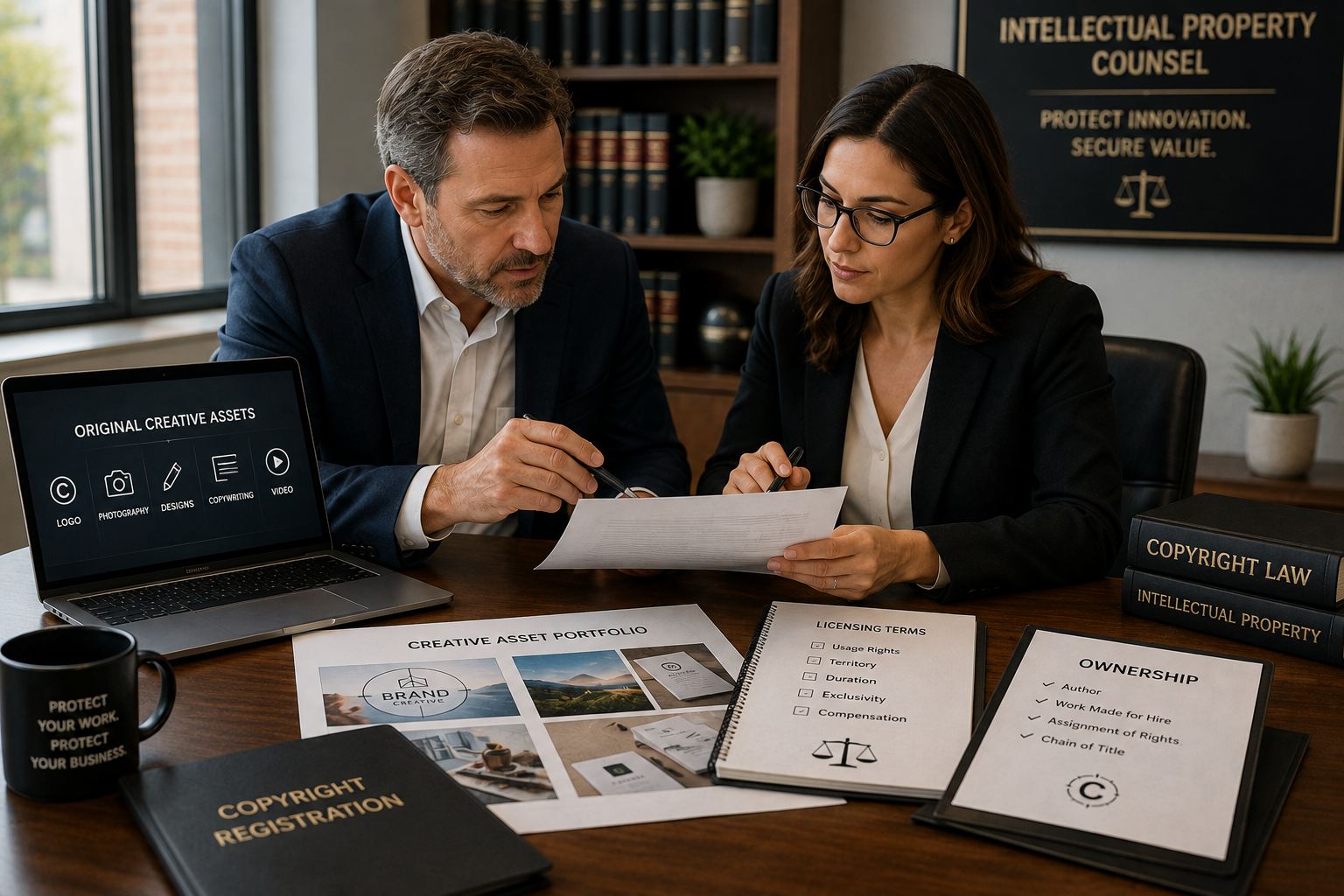 Business owner and attorney reviewing original creative assets, ownership, and licensing terms Copyright Lawyer: When Businesses Need Registration, Ownership, and Licensing Guidance