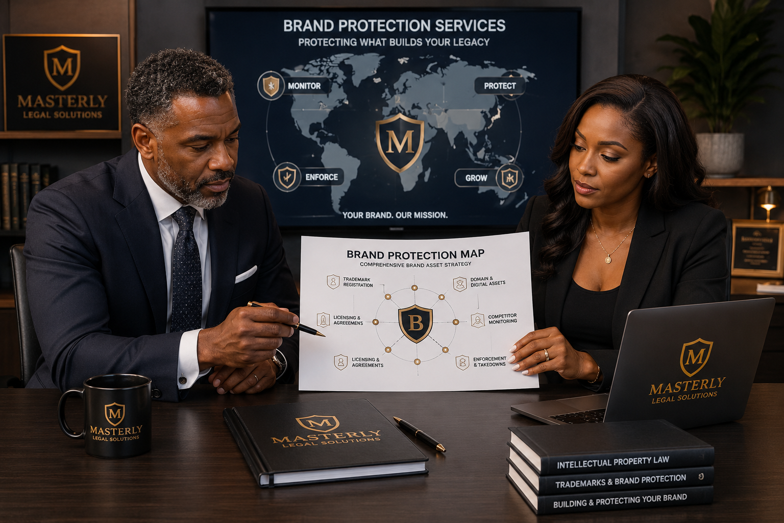 representing Founder and counsel reviewing a brand asset and protection map brand protection services