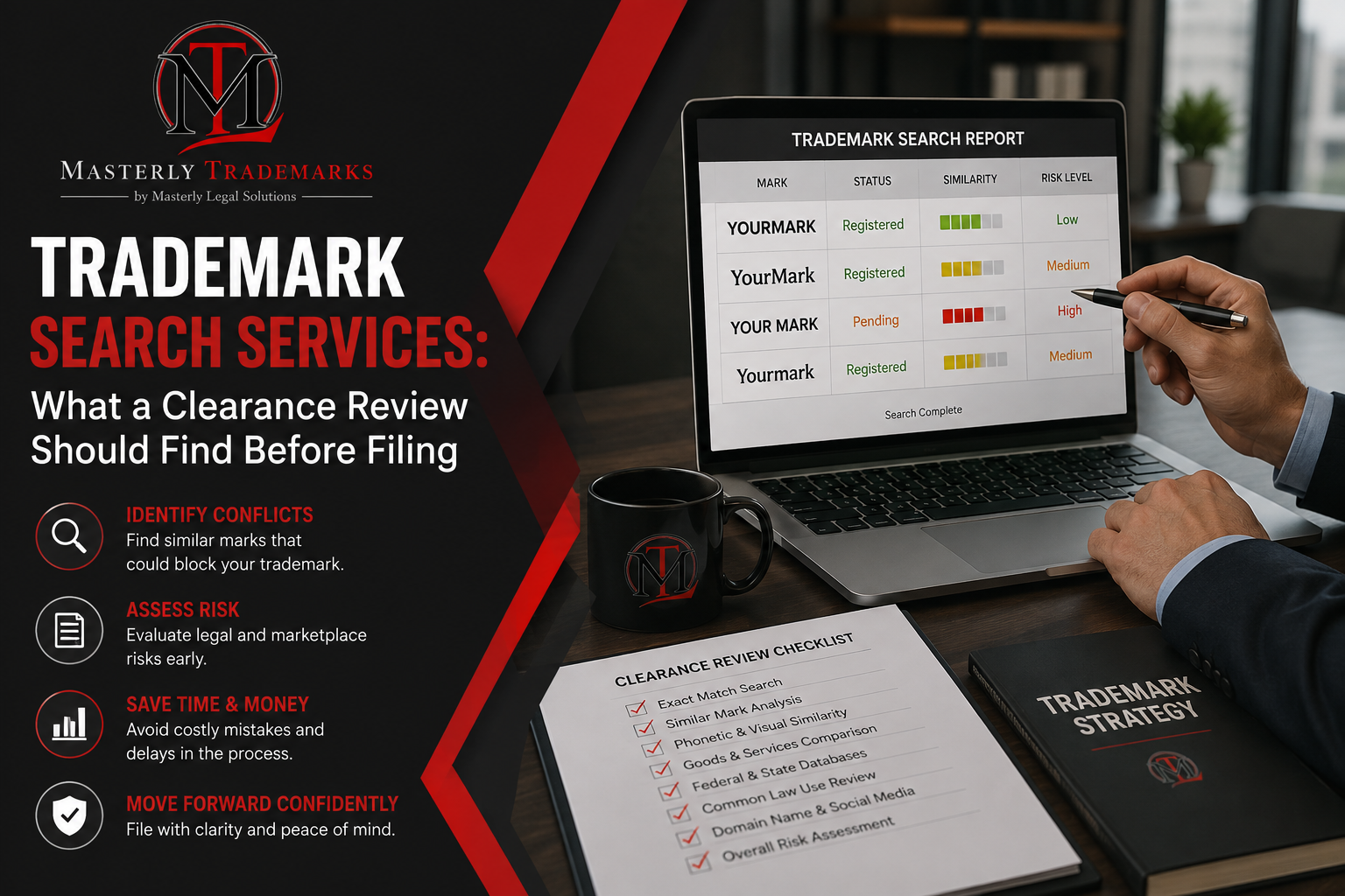 Trademark search services reviewing potential conflicts before filing.