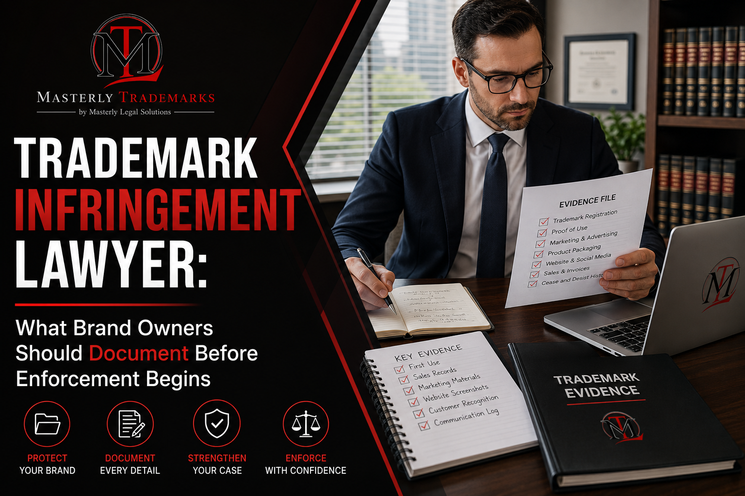 Trademark infringement lawyer reviewing evidence before brand enforcement.