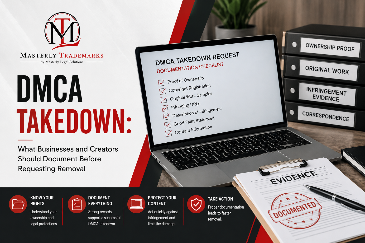 DMCA takedown documentation and evidence preparation for content removal.