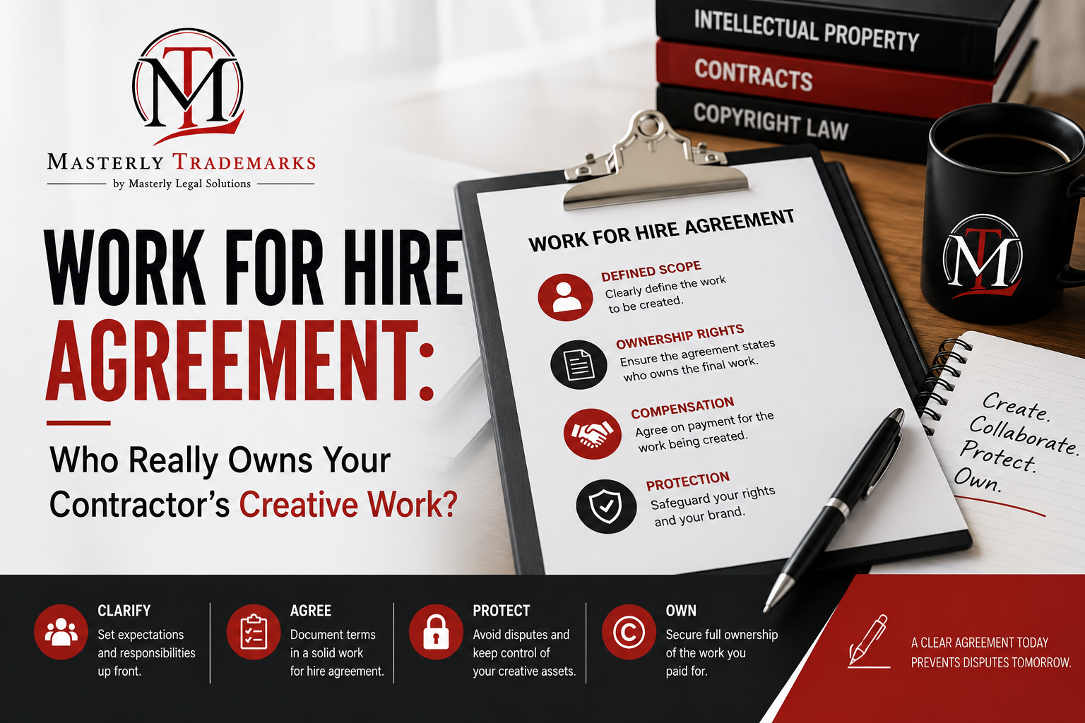 Work for hire agreement outlining ownership of contractor creative work.