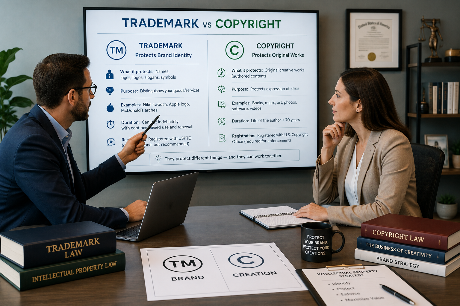 Professional legal consultation comparing trademark vs copyright protections for brand identity, logos, creative works, registration, and intellectual property rights.
