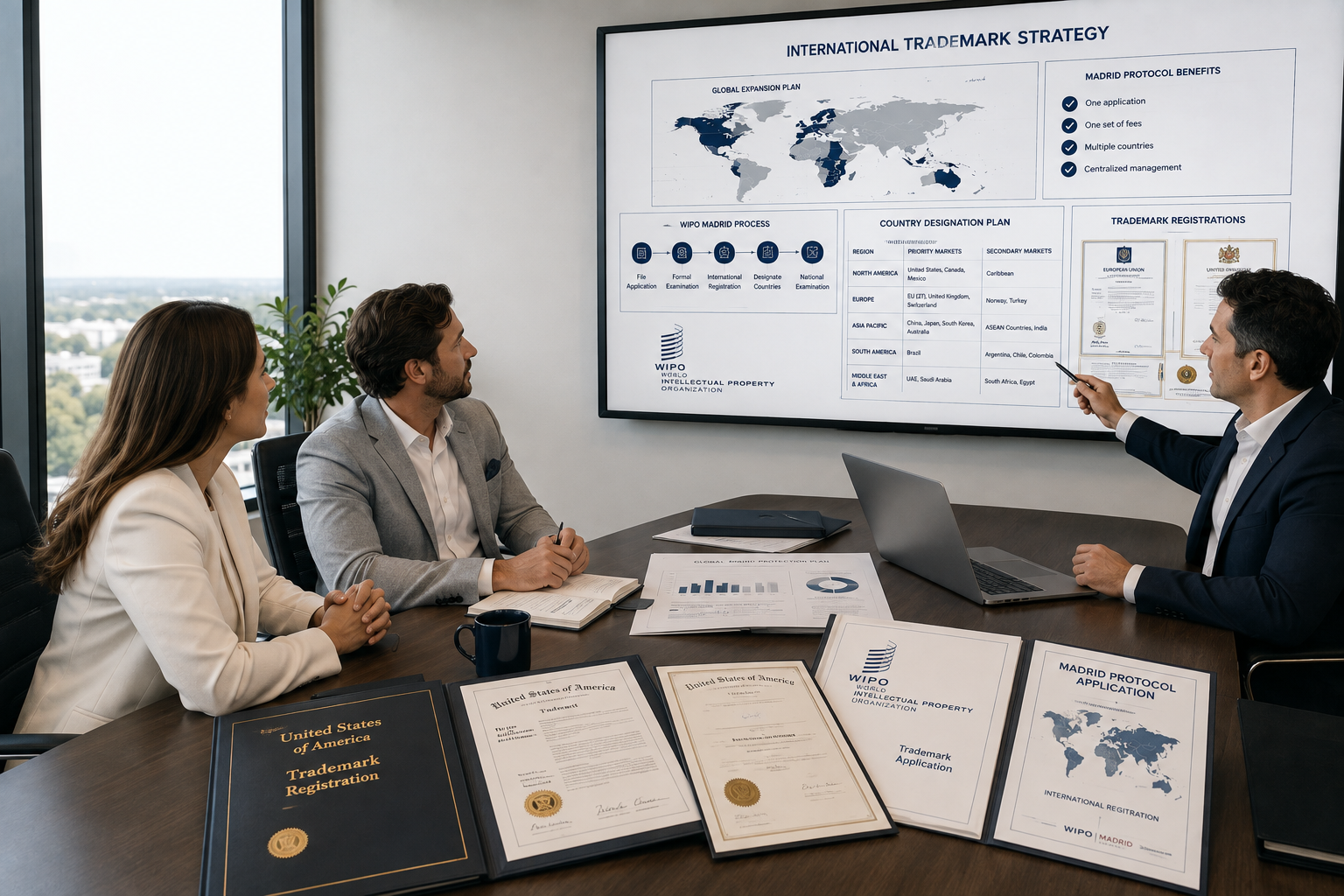 Business owners meeting with a Madrid Protocol trademark attorney to review an international trademark registration strategy and country designations.