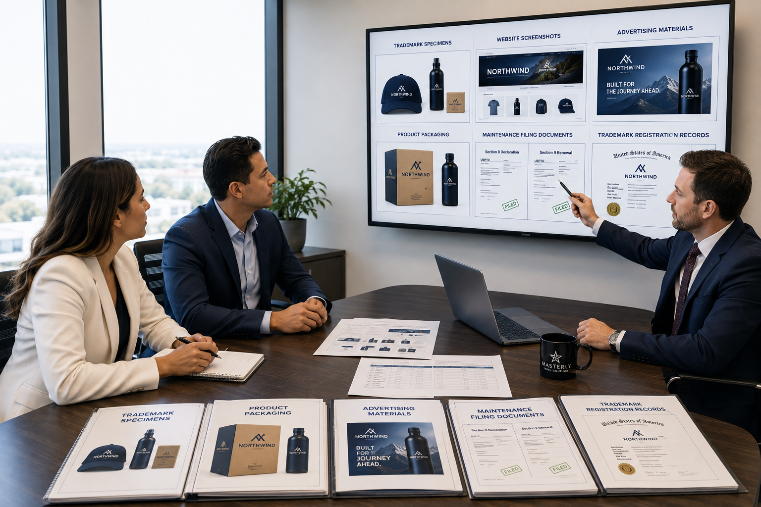 Trademark attorney reviewing trademark specimens, use in commerce evidence, and registration compliance with business owners.