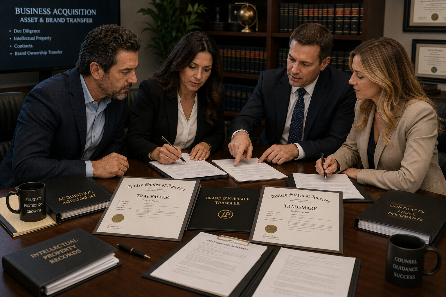 Business owners reviewing a trademark assignment agreement during a business acquisition with a trademark attorney.
