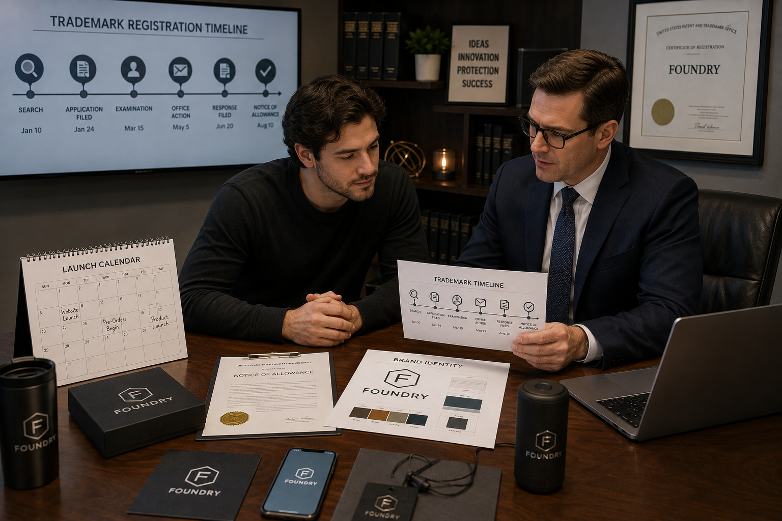 Startup founder meeting with a trademark attorney to review an intent to use extension trademark deadline after receiving a Notice of Allowance.