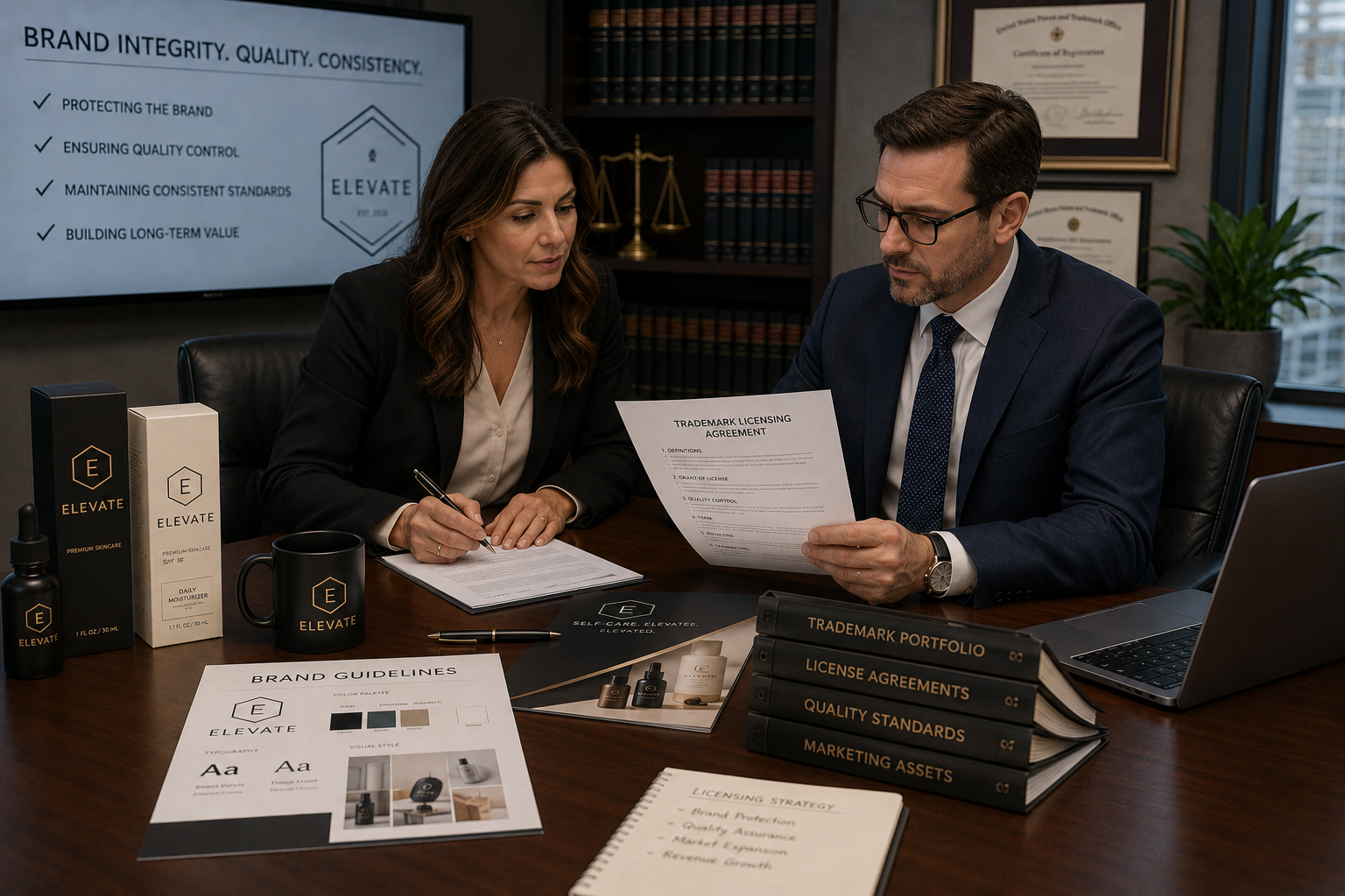 Business owner meeting with a trademark attorney to review trademark licensing quality control provisions for a licensing agreement.