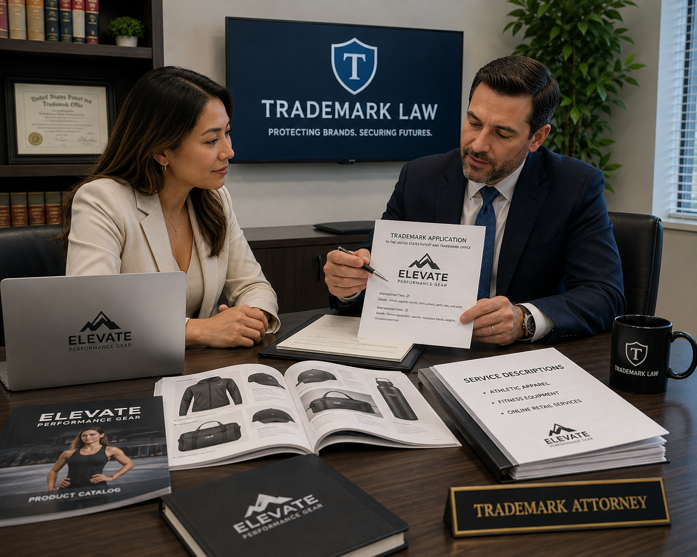 Trademark attorney reviewing trademark goods and services descriptions with a business owner before filing a USPTO trademark application.