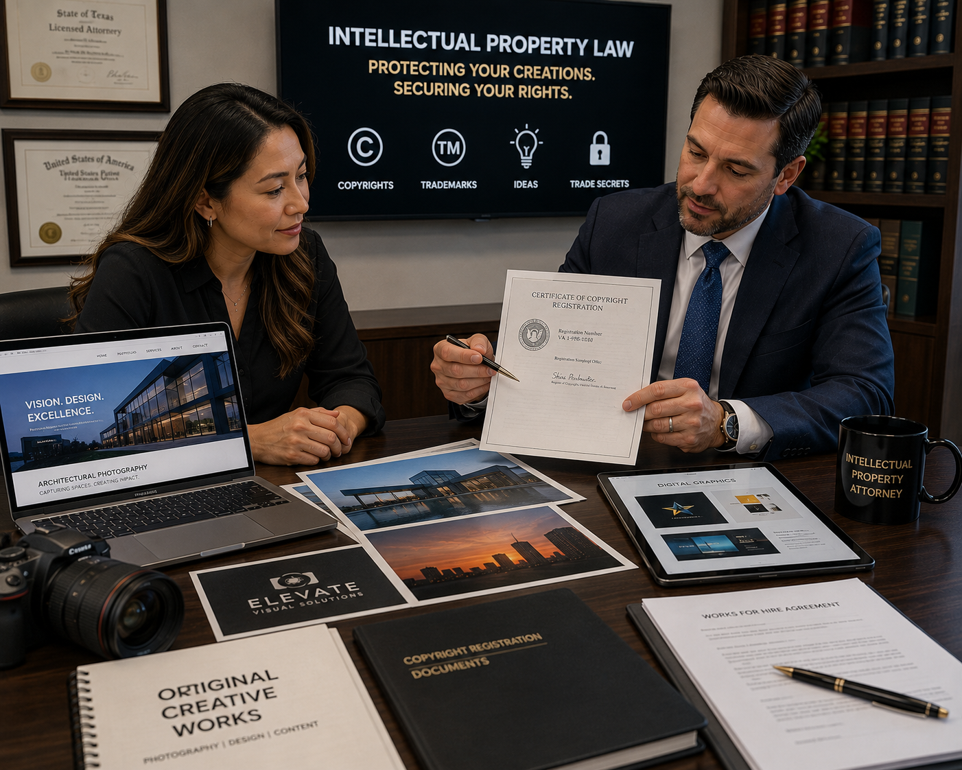 Attorney reviewing website copyright registration documents with a business owner to protect original website copy, images, and digital content