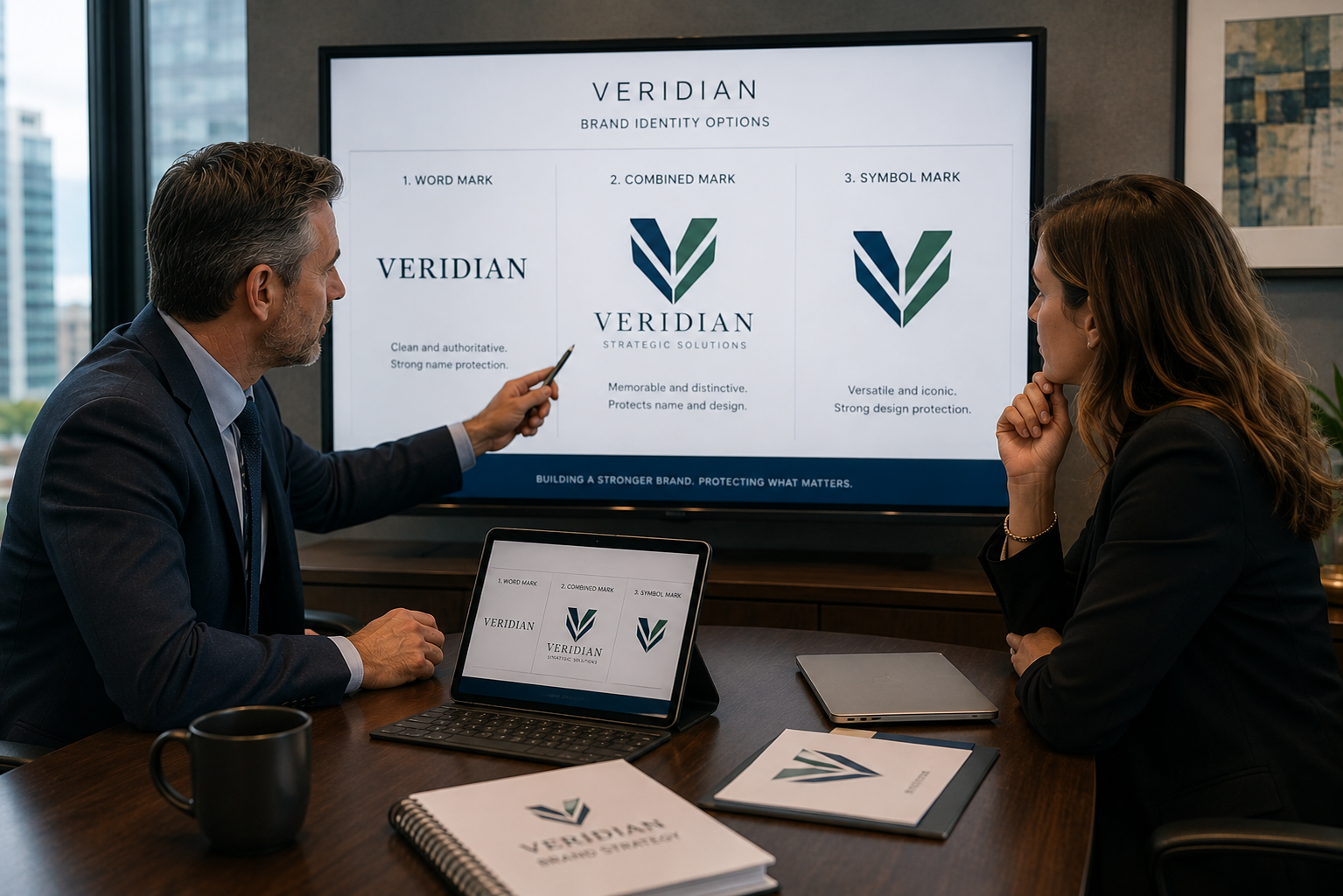 Trademark attorney reviewing logo trademark and word mark protection with a business owner