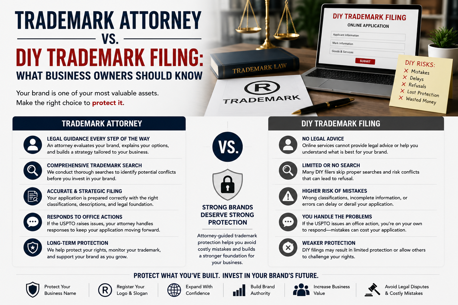Side-by-side comparison of hiring a trademark attorney versus DIY trademark filing for business owners seeking to protect their brand and intellectual property.