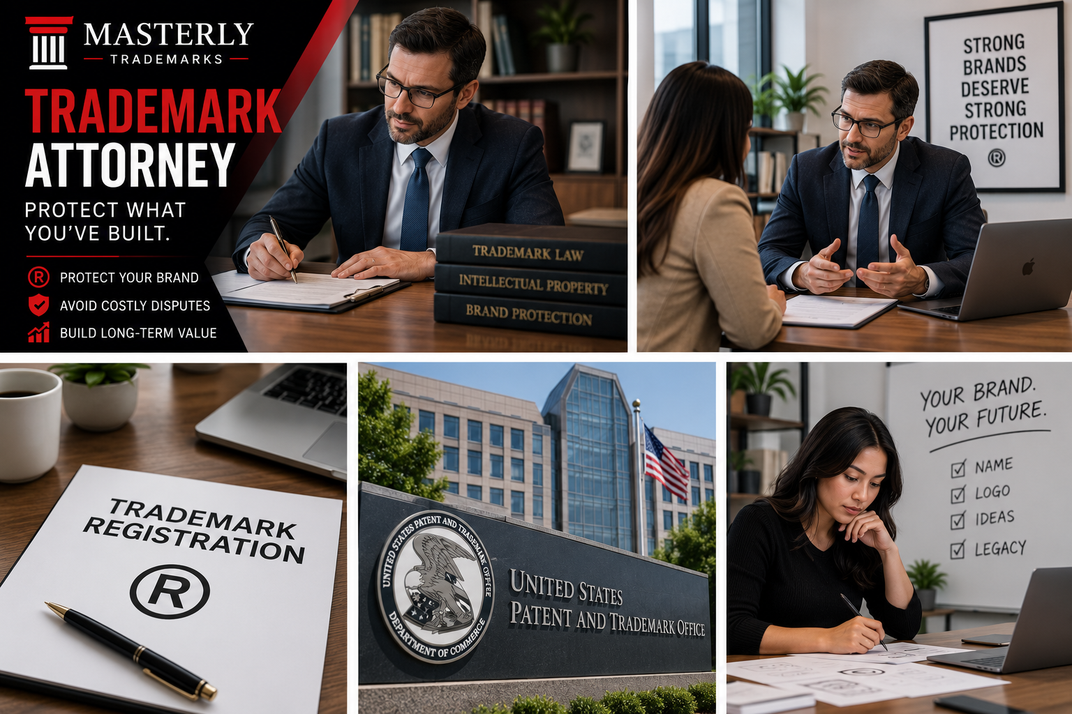 Branded Masterly Trademarks graphic featuring a trademark attorney consulting with clients, trademark registration documents, USPTO imagery, and brand protection services for businesses and entrepreneurs.