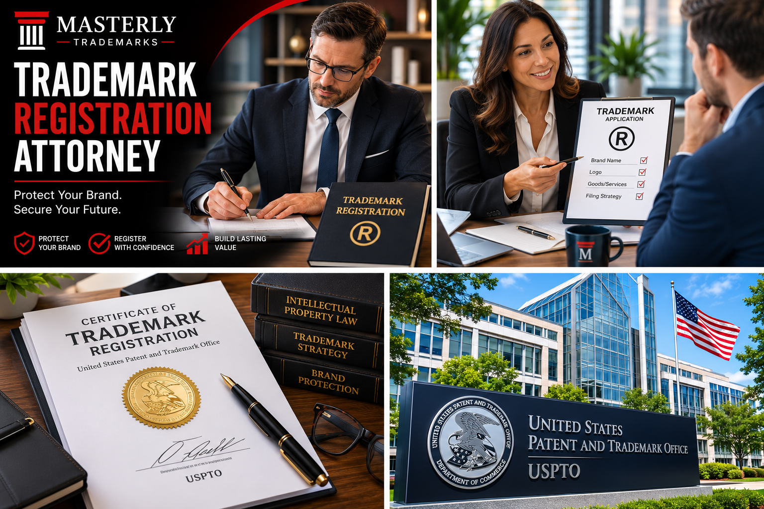 Branded Masterly Trademarks graphic featuring a trademark registration attorney, client consultation, trademark application documents, USPTO registration, and brand protection services for businesses.