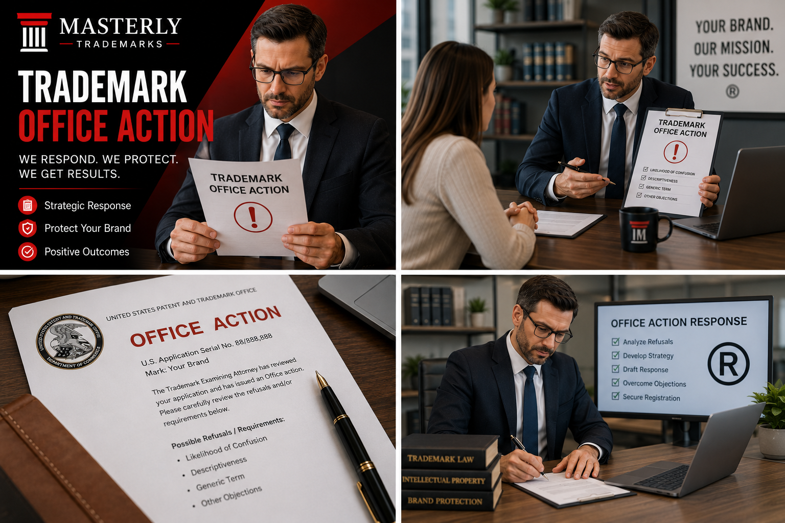 Branded Masterly Trademarks graphic featuring a trademark office action attorney reviewing USPTO office action documents, client consultation, and trademark response strategy to protect business brands.