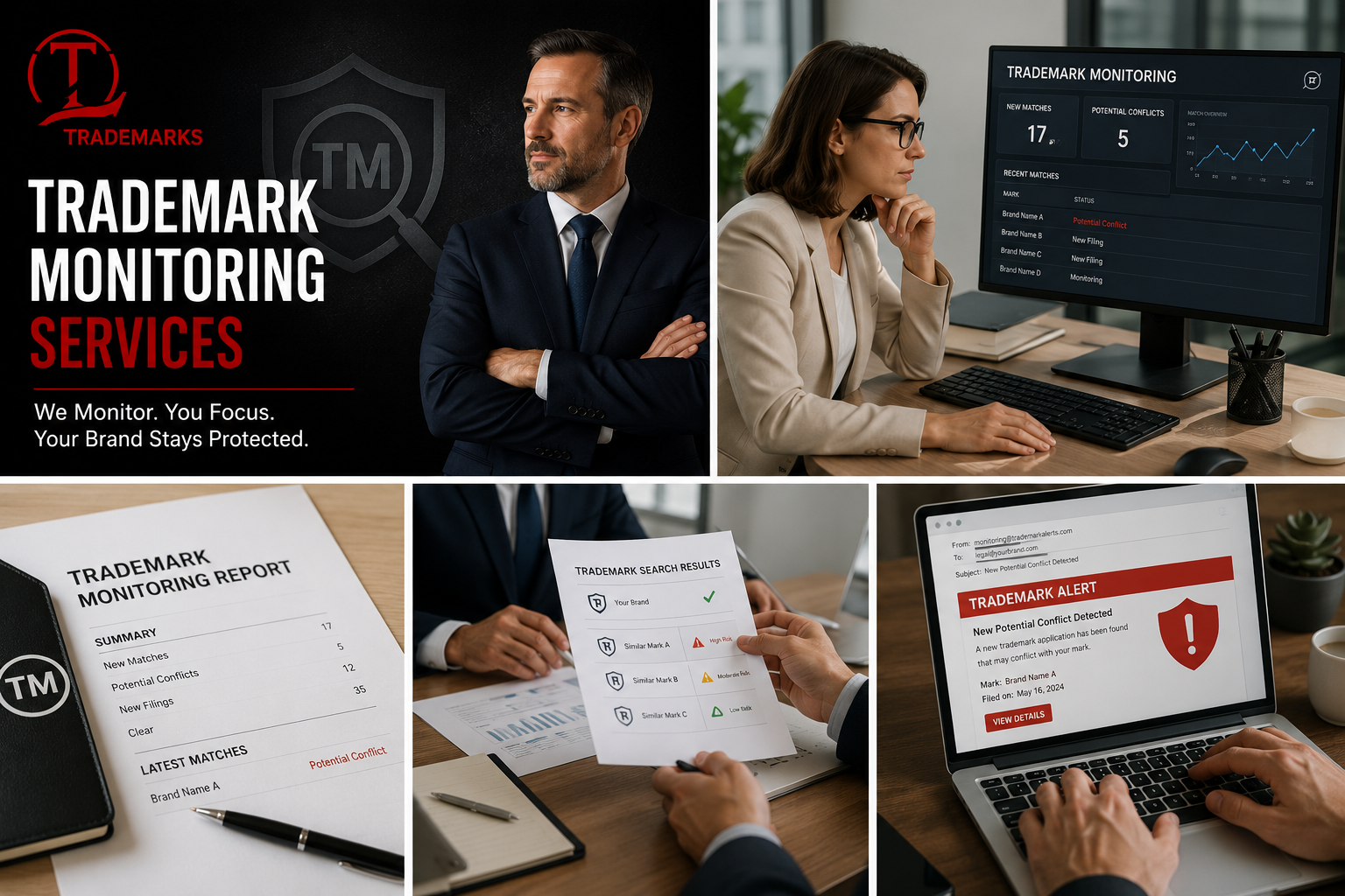 Branded Masterly Trademarks graphic featuring trademark monitoring services, brand monitoring dashboard, trademark search reports, conflict alerts, and ongoing trademark protection for businesses.