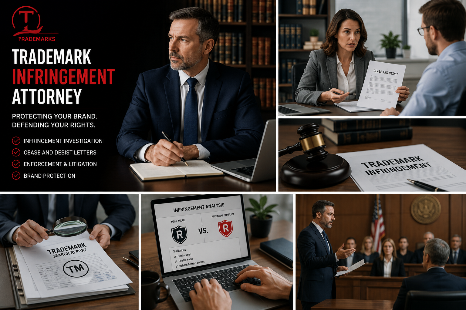 Branded Masterly Trademarks graphic featuring a trademark infringement attorney, cease and desist consultation, trademark enforcement strategy, infringement analysis, and courtroom representation for brand protection.V