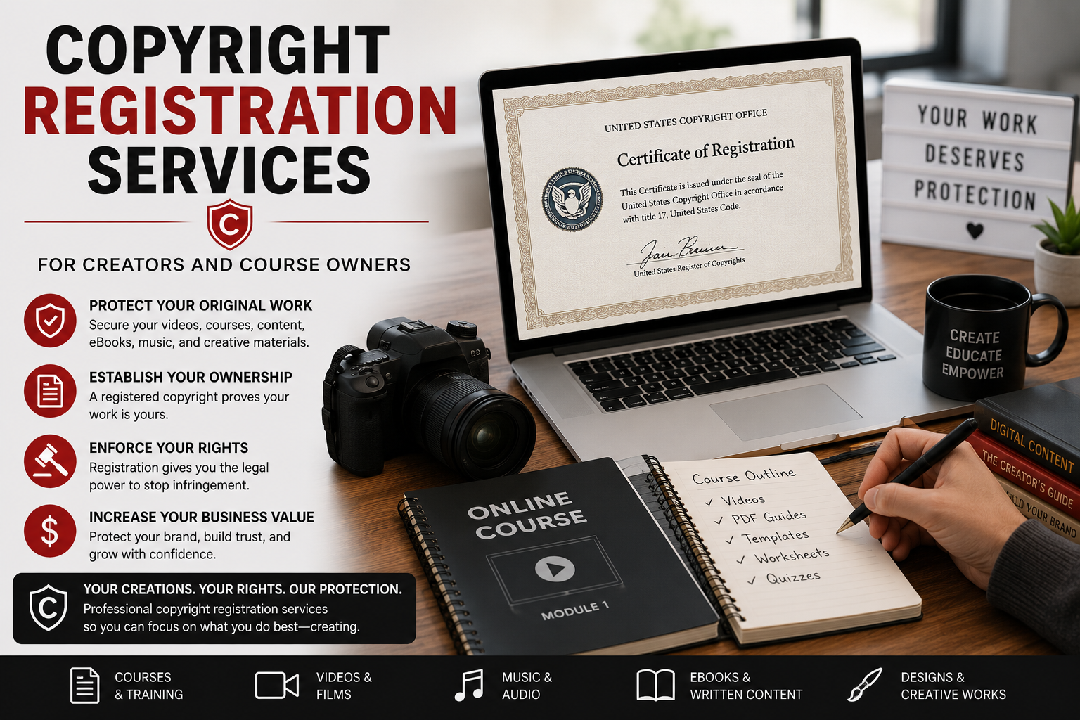 Creator reviewing copyright registration documents for an online course and digital content while consulting on intellectual property protection.