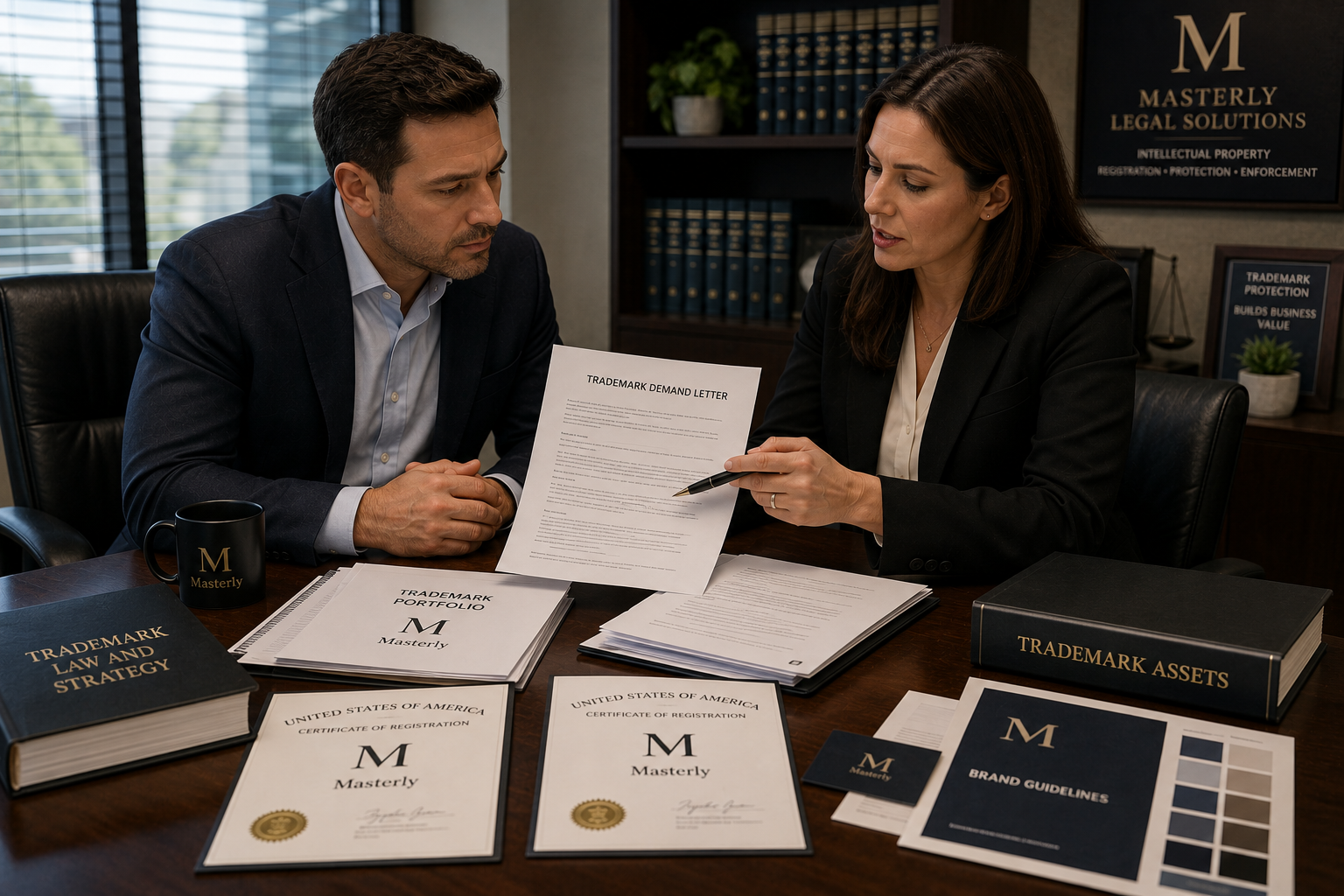 trademark cease and desist lawyer reviewing trademark infringement documents