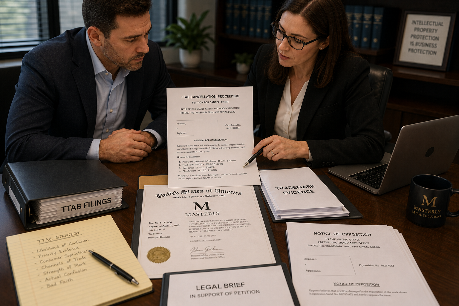 trademark cancellation attorney reviewing TTAB cancellation proceeding documents