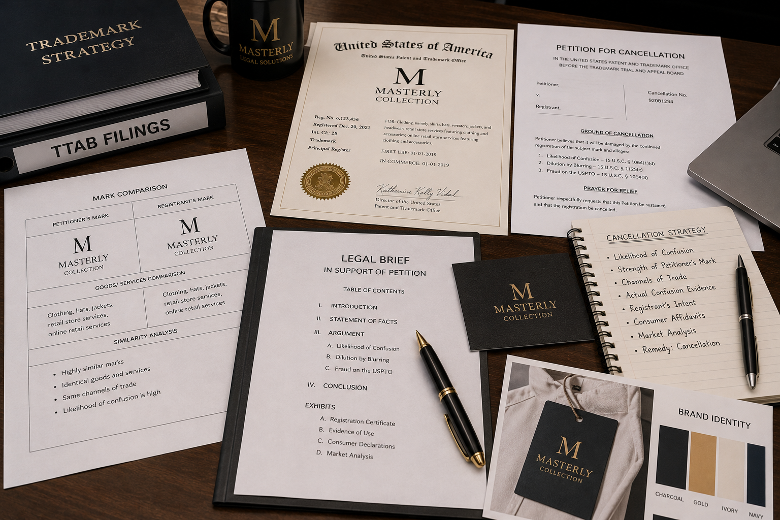 TTAB cancellation lawyer reviewing petition to cancel trademark documents
