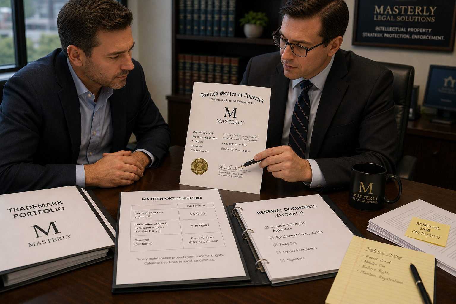 trademark renewal service reviewing trademark maintenance filing with business owner