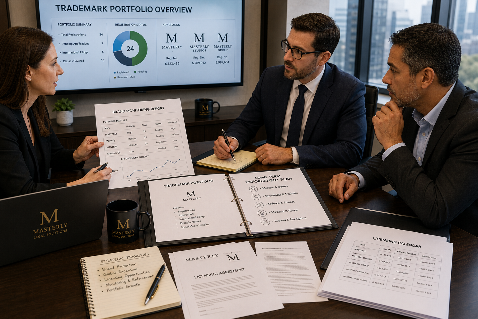 brand protection lawyer reviewing trademark portfolio and enforcement strategy